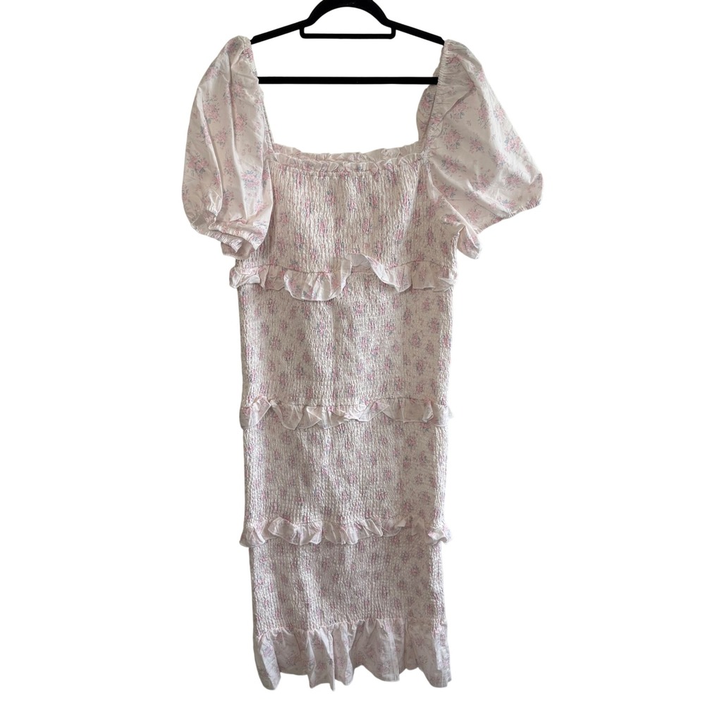 Mable Size 3XL White Pink Floral Ruffle Smock Tiered Bodycon Maxi Dress Preppy